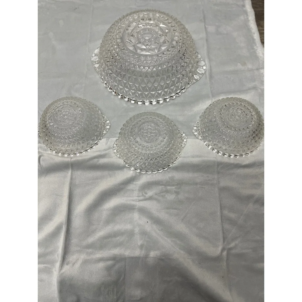 Imperial Glass Cape Cod Clear Diamond Point Handled Serving Bowl & 3 Berry Bowls